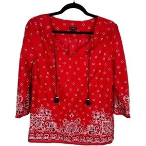 Talbots Boho Floral Bandana Print Cotton Blouse Large Petite Red